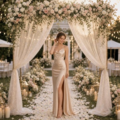 Bupelo White Tulle Backdrop Curtains with Gold Foil 15x8ft Sheer Curtain - Image 2