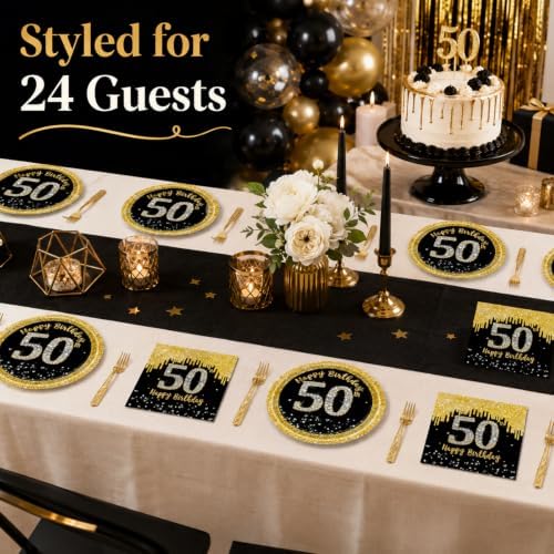 72 Pcs 50th Birthday Plates Napkins and Forks Set, 7 Inch, Back Gold - Image 6