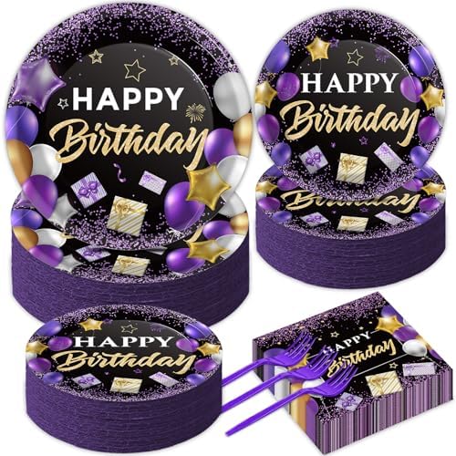 gisgfim 50 Guests Purple Birthday Party Supplies Purple and Black Plates and Napkins Forks Happy Birthday Tableware Paper Plates for Women Girl Party 200PCS by gisgfim