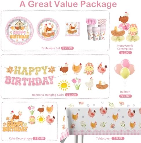 Xynic 213pcs Chicken Birthday Decorations for Girls, Serves 25 - Image 3
