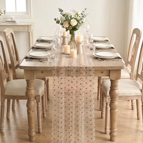 Artoid Mode Beige Gauze Flocking Caramel Dots Table Runner 10FT,Seasonal Sheer Dining Table Decor for Wedding Anniversary Holiday Birthday Home Party - Image 2