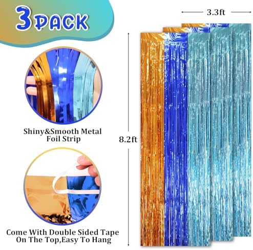 Voircoloria Blue Orange Foil Fringe Backdrop Curtains,3.3x8.2ft, 3 Pack - Image 2