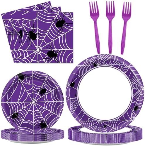 Qyeahkj 100 Pcs Halloween Birthday Party Supplies Paper Plates and Napkins Set Disposable Spider Web Tableware Decorations for Halloween Theme Baby Shower Serves 25 by Qyeahkj