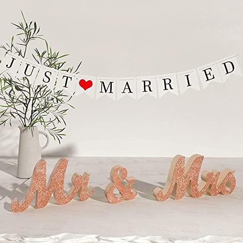VIOPVERY Wooden Mr & Mrs Wedding Sign with Just Married Banner,Rosegold - Image 7