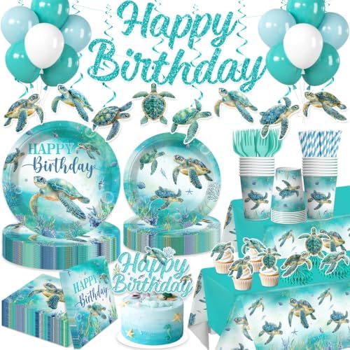 Xynic 205Pcs Turtle Birthday Decorations Tableware Set, 25 Serves by Unknown