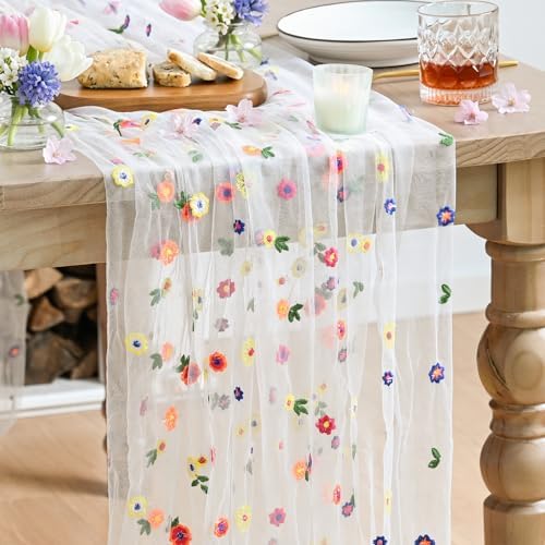 Artoid Mode 3PCS Embroidery Daisy Gauze Table Runner 120 Inch 10FT by ArtoidMode