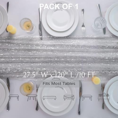 Snowkingdom Silver Gray Table Runner 10FT, Sheer Sparkly Shiny Glitter Sparkle Cheesecloth Tulle Elegant Centerpiece Modern Dining Decor for Wedding Party Bridal Shower Birthday Christmas New Year - Image 2