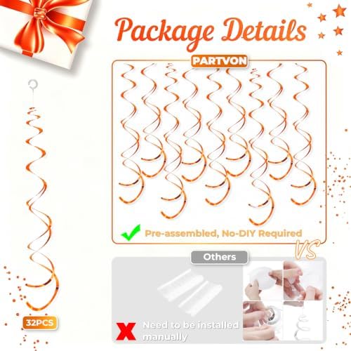 32 PCS Orange Hanging Swirl, Sparkle Ceiling Hanging Decorations, Plastic Streamer Party Decorations for Birthday, Thanksgiving Day, Fall Party, Sports Theme, Summer Party - Image 3