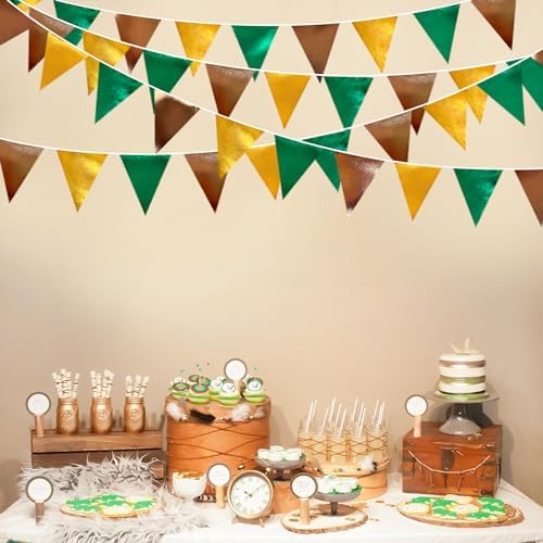 Green Gold Brown Metallic Fabric Triangle Pennant Banner Flag Bunting Garland for Football Jungle Safari Wild Woodland Birthday Baby Shower Wedding Bachelorette Graduations Party Decorations Supplies - Image 4