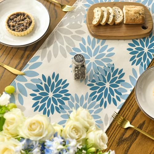 Artoid Mode Light Blue Dahlia Floral Pinnata Summer Table Runner, Seasonal Kitchen Dining Table Decoration for Home Party Decor 13x72 Inch - Image 4