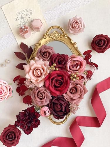 FACINOC Roses Artificial Flowers Burgundy Red Bouquet Fake Flower Bulk - Image 3