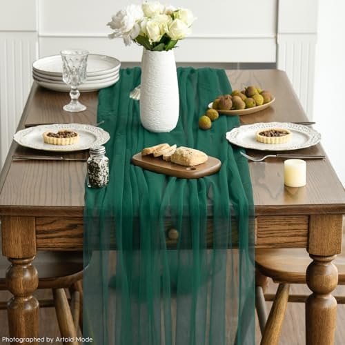 Artoid Mode 6PCS Dark Green Gauze Table Runner 120 Inch 10FT, Seasonal Sheer Kitchen Dining Holiday Wedding Birthday Baby Shower Table Decor for Home Party - Image 5