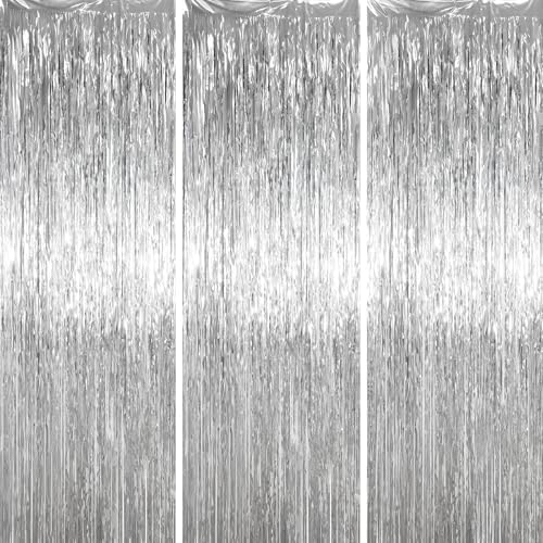 Voircoloria Silver Foil Fringe Backdrop Curtains, 3.3x6.6ft, 3pcs by Voircoloria