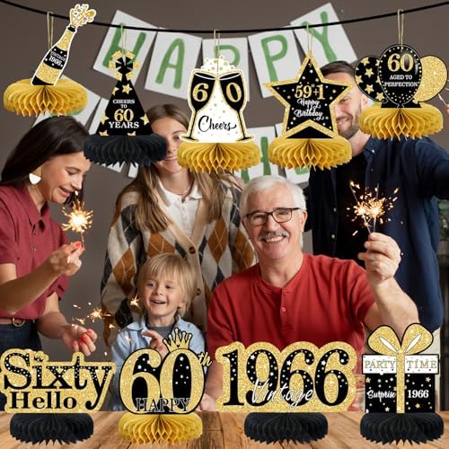 9 Pcs 60th Birthday Decorations Honeycomb Centerpieces for Women Men, Black Gold 1966 Aged to Perfection Vintage Centerpieces for Tables Toppers,Sixty Years Party Decorations Supplies - Image 6