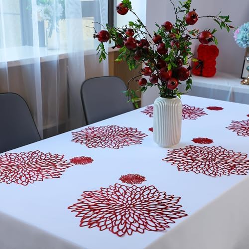 Snowkingdom 12 Pack Red Placemats Metallic Shiny Pressed Vinyl Dining Mats Round Leaf Floral Table Decoration for Halloween Mother's Day Christmas Valentine's Day Weddings Holiday Celebrations - Image 4