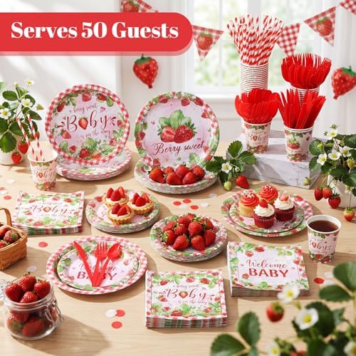 450 Pcs Strawberry Baby Shower Tableware Set, Serve 50, Red and Pink - Image 6