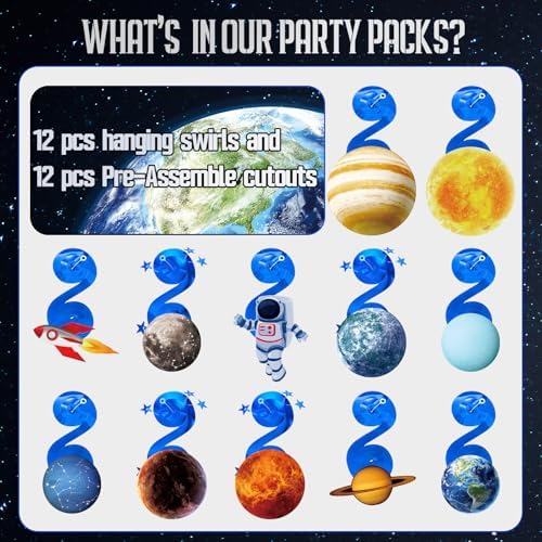 Space Themed Party Decorations - 24 Pcs Outer Space Party Hanging Swirl Decor Solar System Planets Rocket Astronaut Ceiling Steamer for Space Themed Birthday Baby Shower Party Supplies - Image 4