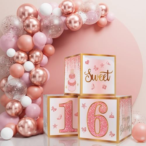 Sweet 16 Party Decorations,16th Birthday Boxes Decor for Girls Women Sweet Sixteen Happy Birthday Banner Kits Pink Rose Gold Foil Balloons Party Supplies Rose Gold Tassel Curtain - Image 4