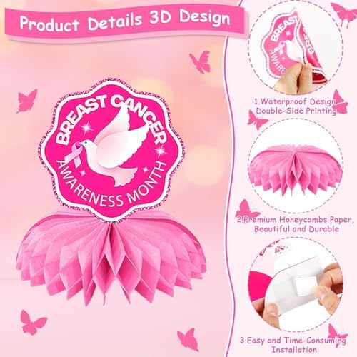 JULMELON 8PCS Breast Cancer Awareness Decorations, Pink Ribbon Centerpieces - Image 4
