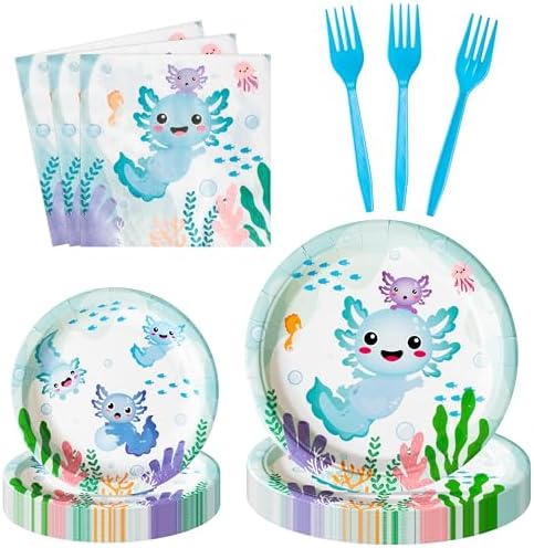 96Pcs Blue Axolotl Cute Cartoon Animals Party Plates Supplies Tableware Decorations Disposable Paper Plates Napkins Forks for Kids Birthday Baby Shower, Serves 24 by G1ngtar