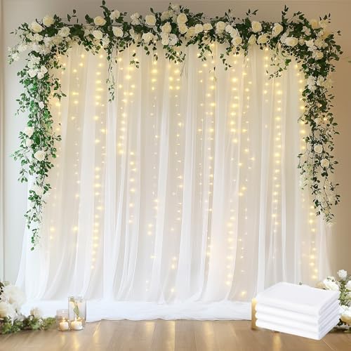 Tulle Backdrop Curtains with Lights Sheer White Curtain Backdrop 20x10ft by Fomcet