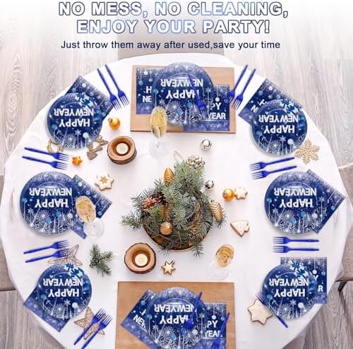 100PCS Happy New Year Party Plates and Napkins Party Supplies Blue 2026 New Year's Eve Platters Dessert Cake Tableware Set Party Decor Favor for New Year Evening Party Celebration Decoration Serves 25 - Image 5
