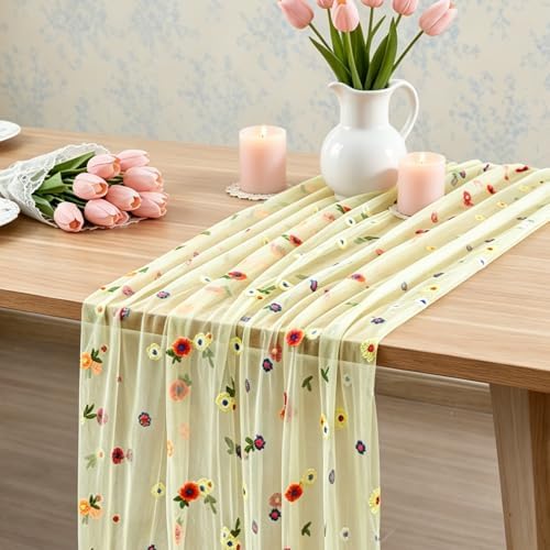 BINBE 1pcs Daisy Spring Table Runner Embroidery Gauze 10FT Florals Seasonal Tulle Holiday Birthday Kitchen Dining Table Decor for Home Party Green - Image 5
