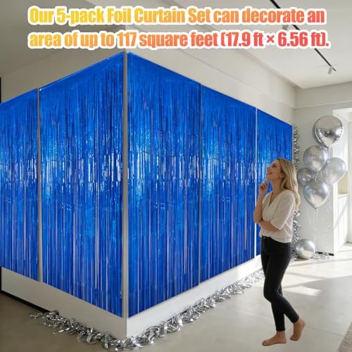 5 Pack 3.28ft x 6.56ft Glitter Blue Tinsel Foil Fringe Curtains, Photo Booth Backdrop Party Decorations for Birthday Wedding Baby Shower Graduation Bachelorette New Years - Image 3