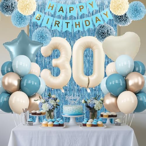 Dusty Blue 30th Birthday Party Decorations Men Beige Number 30 Balloon - Image 2