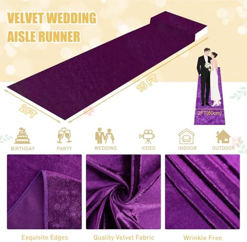 FUHSY Aisle Runners for Weddings Purple Aisle Runner 15FTx2FT Aisle Floor Runner Wedding Decorations Luxurious Velvet Fabric Carpet Runner Indoor and Ourtdoor Aisle Runner Carpet for Graduation Party - Image 2