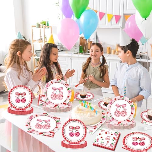96Pcs Cherries Theme Plates and Napkins Pink Bow Cherry Birthday Party Decoration Disco Ball Disposable Dessert Cake Plates Cherries Paper Dinner Tableware for 24 Guests Girls Boys Kids Party Supplies - Image 6