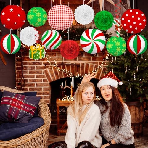 15PCS Christmas Party Decorations Set – 9 Red White Green Paper Lanterns, 4 Pom Poms, 2 Hanging Swirls for Xmas Indoor, Home, Porch, Holiday Decor - Image 2