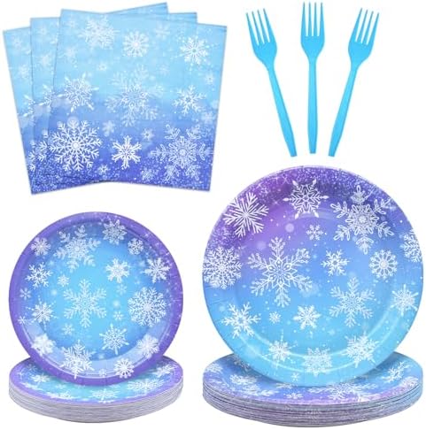 96 Pieces Snowflake Winter Party Supplies Set - Blue White Snowflake Design Disposable Tableware with Paper Plates, Napkins, Forks for Christmas, Winter Wonderland, Frozen-Themed Birthday Decorations by GistomeHome