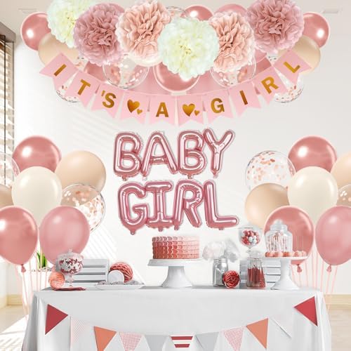 Vicduotex Pink Baby Shower Decorations with Ivory Paper Pom Poms - Image 7
