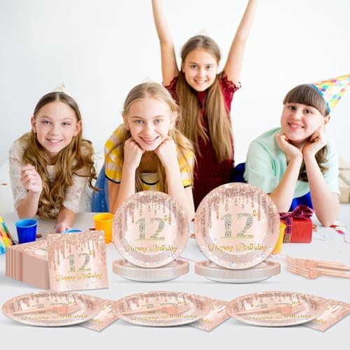 96 Pcs Rose Gold 12th Birthday Party Plates and Napkins for Girls Rose Gold Party Supplies Pink Happy 12 Years Birthday Party Tableware Set for 24 Guests Party Decorations - Image 6