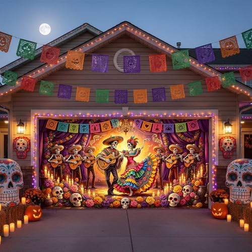 Day of The Dead Garage Door Cover 8x7ft Skull Dancing Halloween Decor - Image 6