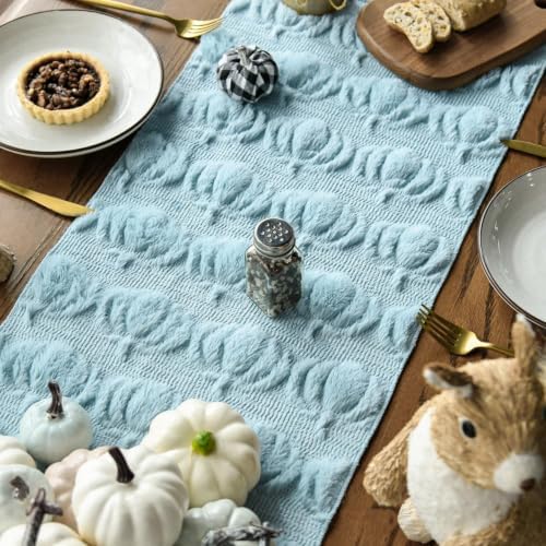 Artoid Mode Blue Soft Faux Fur Pumpkins Fall Table Runner 13x72 Inch - Image 4