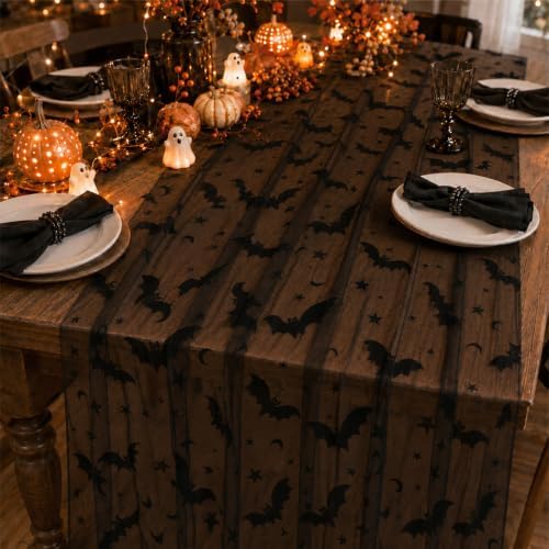 4Pcs Halloween Table Runner 29x72 in Black Mesh Bat Web Table Decor - Image 4