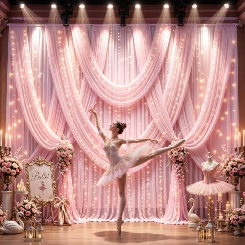 Wish Care 20x10FT Pink Wrinkle Free Backdrop Curtains with Lights String for Parties - Photo Curtain Backdrop with Lights for Wedding Decorations, Bridal Baby Shower Birthday Party Photography - Image 2