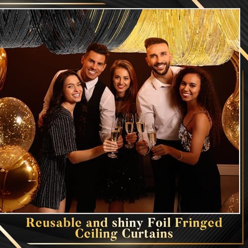 Breling 4 Pcs Black Gold Ceiling Fringe Curtains, Foil Drapes, 15 ft - Image 4