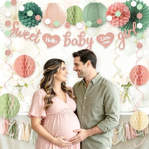 Sage Green Blush Pink Baby Shower Decorations with Sweet Baby Girl Banner - Image 2