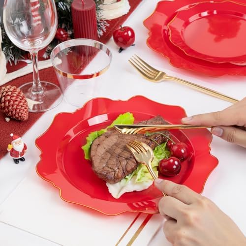 WDF 175Pcs Red Plates - Red Plastic Plates with Gold Rim - Fancy Disposable Dinnerware Sets Ideal for Party/Wedding/Christmas/Holidays - Image 5