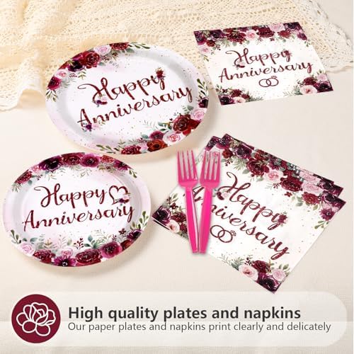 96Pcs Burgundy Flowers Anniversary Party Decorations Serves 24 - Image 3
