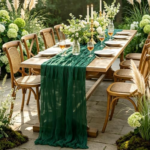 6Pcs Christmas Table Runner, 10FT Cheesecloth Emerald Green Table Runners 35*120inch Rustic Vintage Table Runner for Christmas Indoor Home Kitchen Table Party Decorations - Image 6