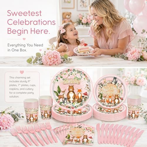 120PCS Woodland Party Supplies for Girls Baby Shower Pink Wild Animal Decorations Plates Napkin Cups Forks Knives Tableware Set for 20 Guests - Image 7