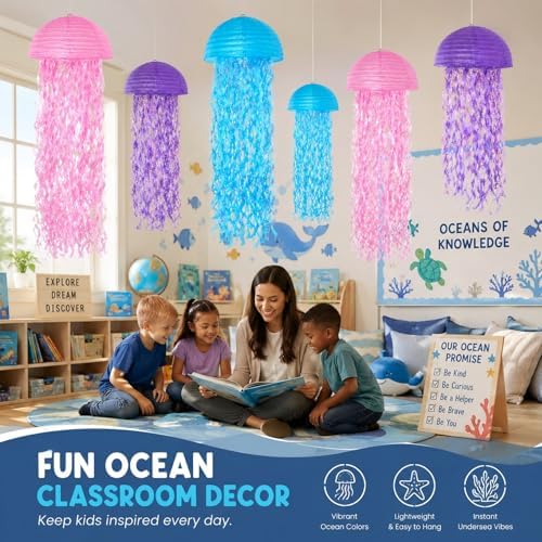 6-Pack Jellyfish Paper Lanterns, Under the Sea Party Decorations - Image 6