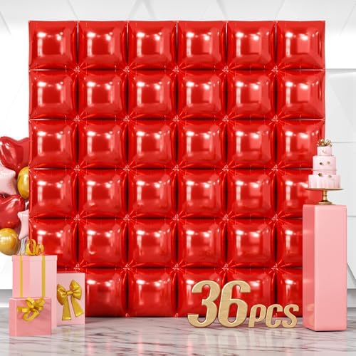 NISOCY 36PCS Metallic Red Square Foil Balloons Wall Backdrop by NISOCY