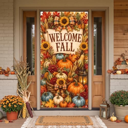 Fall Door Banner 35x71 Inch Welcome Fall Vertical Front Door Cover Pumpkins Sunflowers Maple Leaves Wheat Harvest Hanging Flag for Autumn Porch Yard Wall Farmhouse Thanksgiving Home Outdoor Decor - Image 5