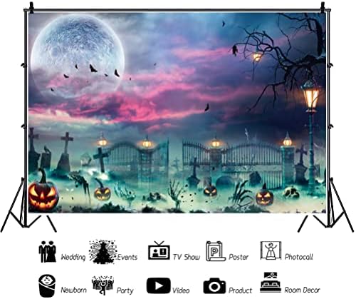Renaiss 10x7ft Happy Halloween Graveyard Pumpkin Lantern Photography Background - Creepy Ghost Scary Night Cemetery Tombstones Party Decors Zombie Skull Photo Booth Props - Image 2