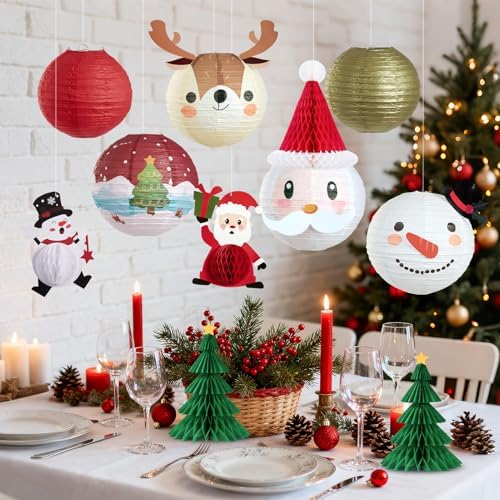 Christmas Hanging Paper Lanterns and Honeycomb Set, 11 PCS Santa Snowman Reindeer Theme Lanterns and Paper Christmas Tree Honeycombs, Holiday Ceiling Party Decorations for Home, Classroom - Image 4